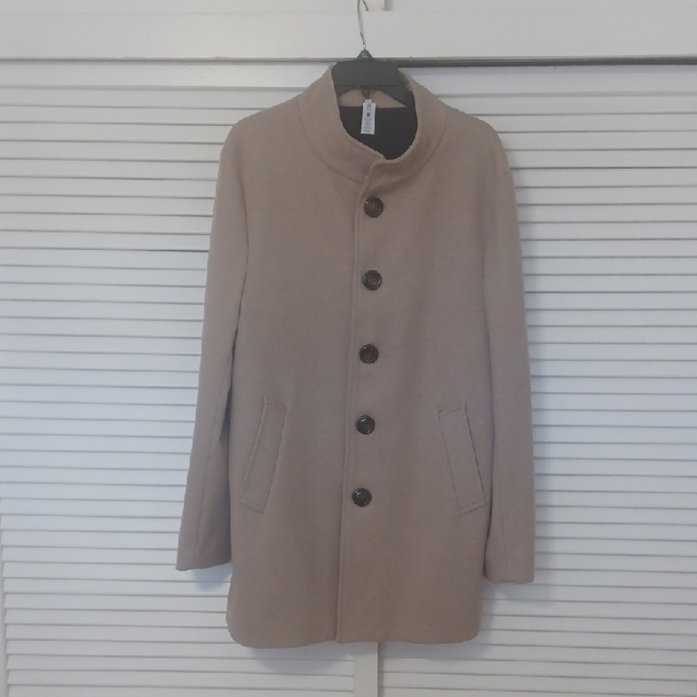 Coat CarTrench L Mens Button Closure Poly Blend Jersey Knit  Stand Collar Beige